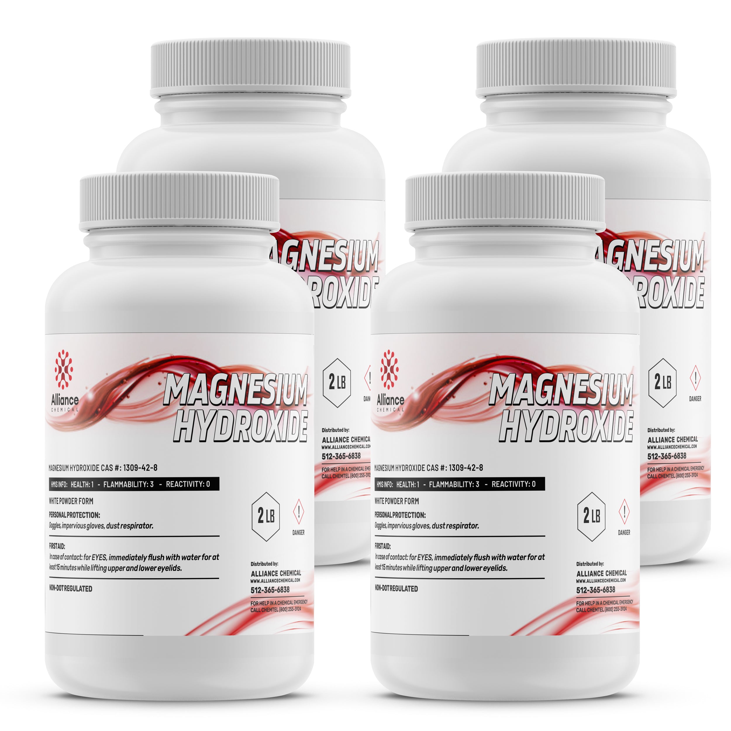 2lb Magnesium Hydroxide technical-grade powder in white HDPE containers, CAS #1309-42-8, Health-1/Flammability-3 warning labels, dust respirator required.